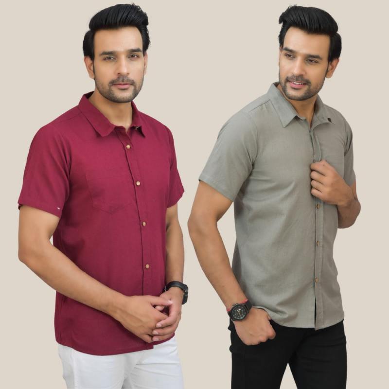 Combo of 2 Maroon and Gray Solid Cotton Men Shirt-25427