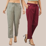 Combo of 2 Maroon and Gray Cotton Flax Women Trouser Pant-10361