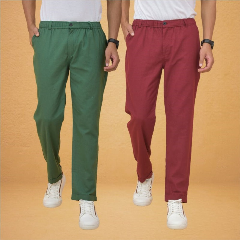 Combo of 2 Maroon and Green Cotton Regular Trousers-42249