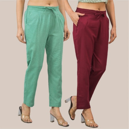 Combo of 2 Maroon and Green Cotton Flax Women Trouser Pant-10369