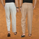 Combo of 2 Men Beige Beige Cotton Handloom Stripe Pant-15082