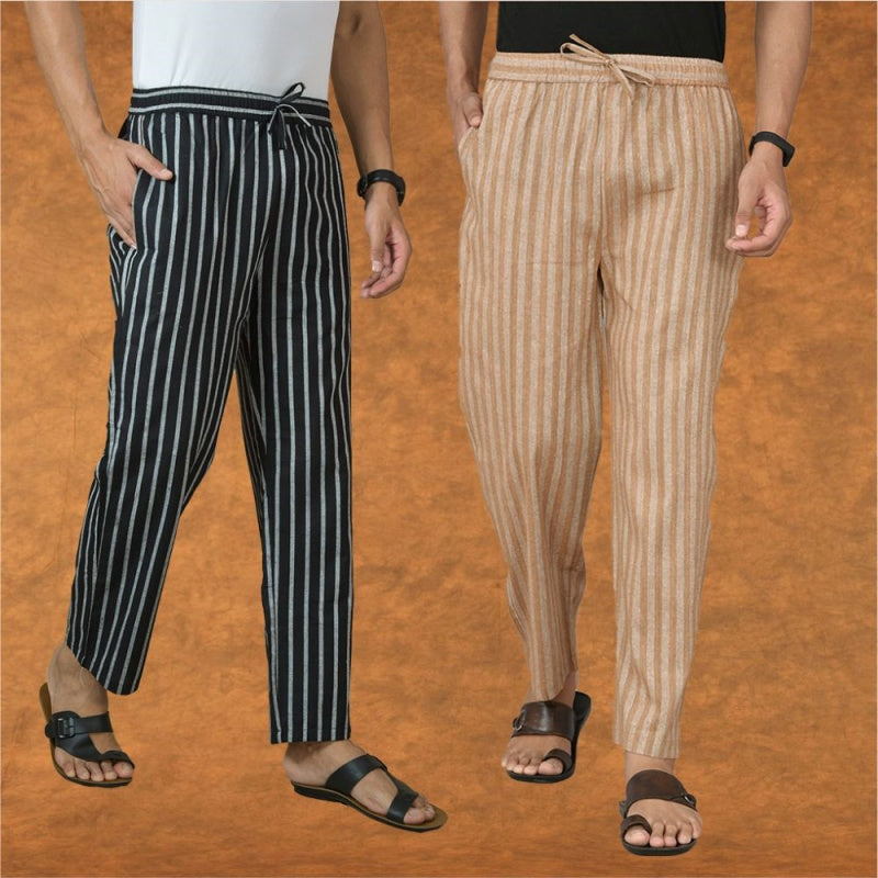 Combo of 2 Men Beige Black Cotton Handloom Stripe Pant-15097