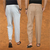 Combo of 2 Men Beige White Cotton Handloom Stripe Pant-15077