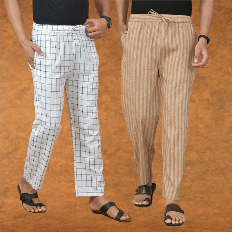 Combo of 2 Men Beige White Cotton Handloom Stripe Pant-15077