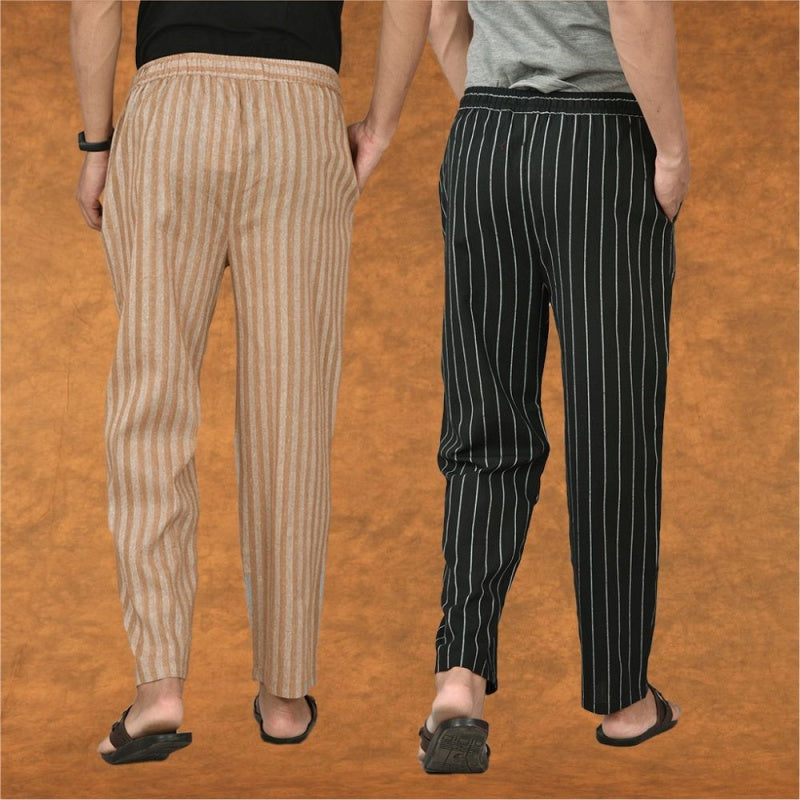 Combo of 2 Men Black Beige Cotton Handloom Stripe Pant-15413