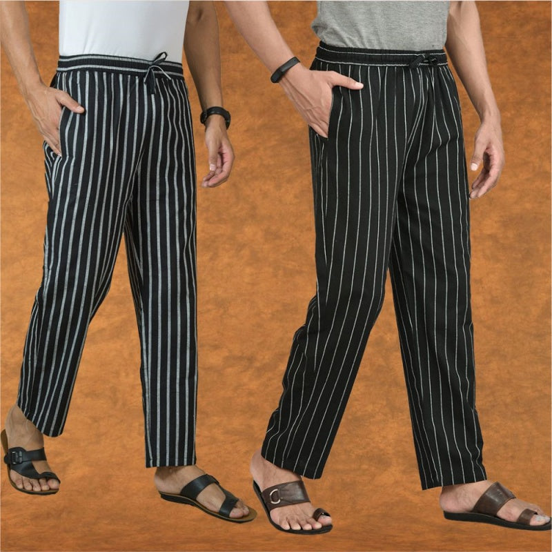 Combo of 2 Men Black Black Cotton Handloom Stripe Pant-15099