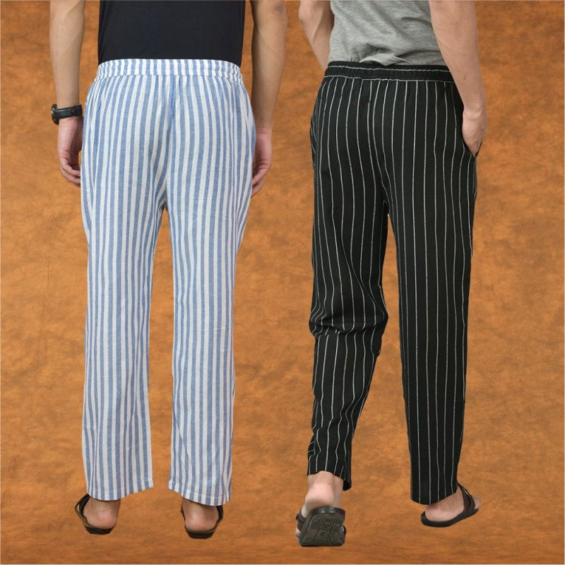 Combo of 2 Men Black Blue Cotton Handloom Stripe Pant-15074