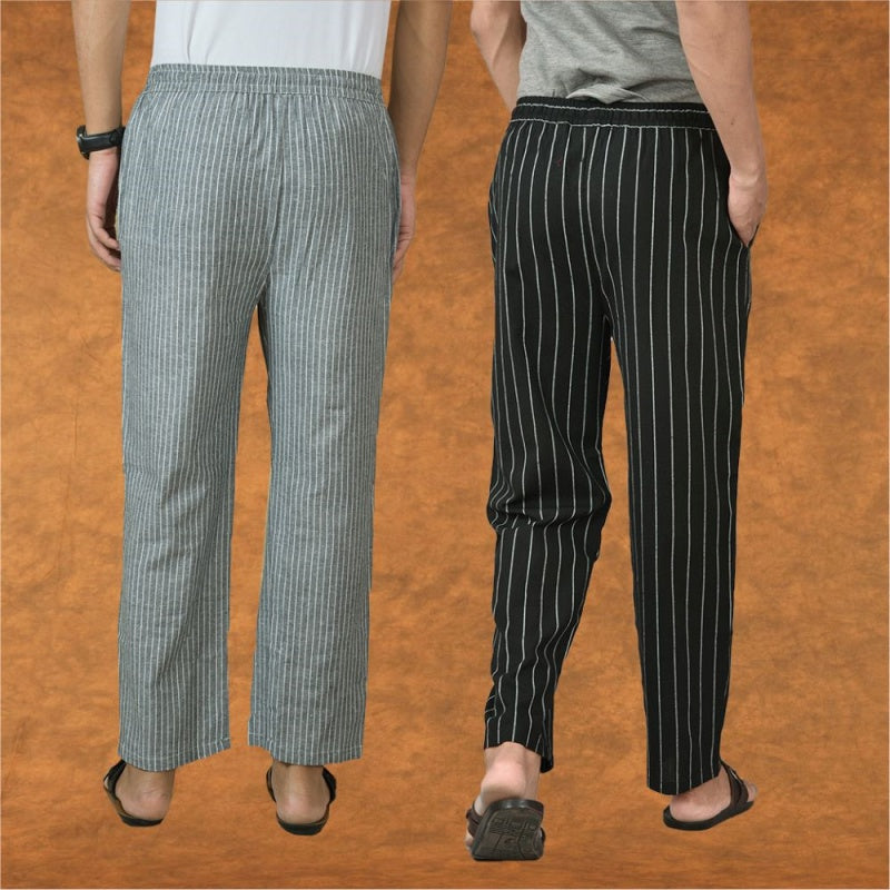 Combo of 2 Men Black Gray Cotton Handloom Stripe Pant-15109