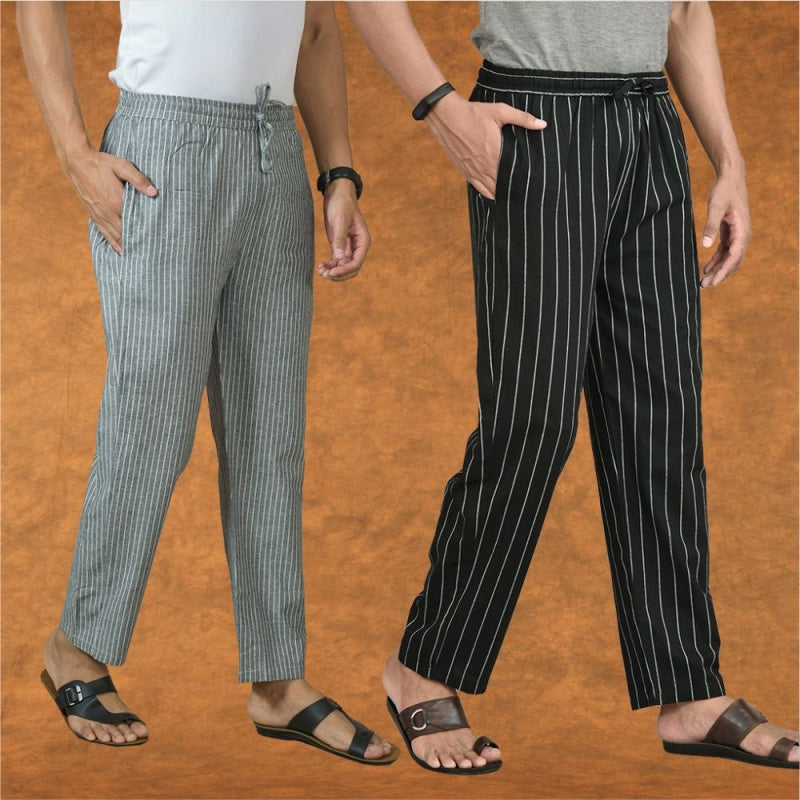 Combo of 2 Men Black Gray Cotton Handloom Stripe Pant-15109