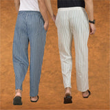 Combo of 2 Men Blue Beige Cotton Handloom Stripe Pant-15083