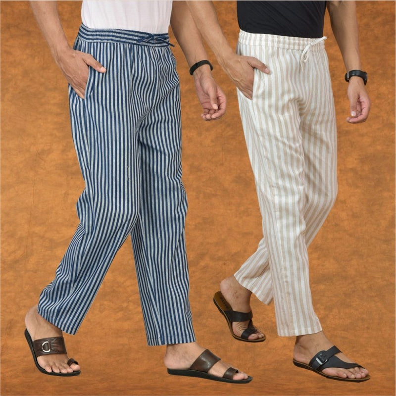 Combo of 2 Men Blue Beige Cotton Handloom Stripe Pant-15083