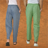 Combo of 2 Men Blue Olive Green Cotton Handloom Stripe Pant-15088