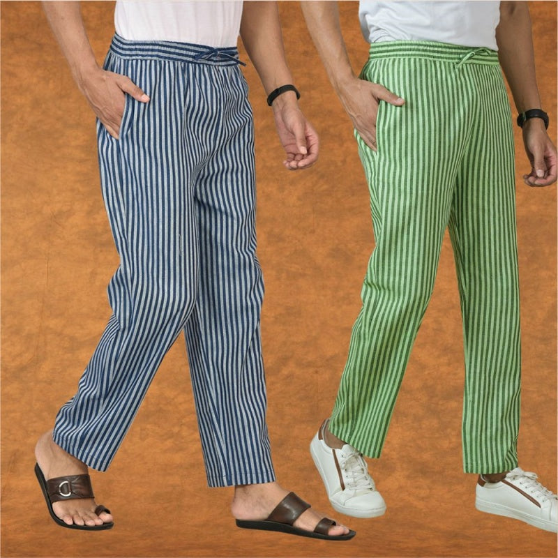 Combo of 2 Men Blue Olive Green Cotton Handloom Stripe Pant-15088