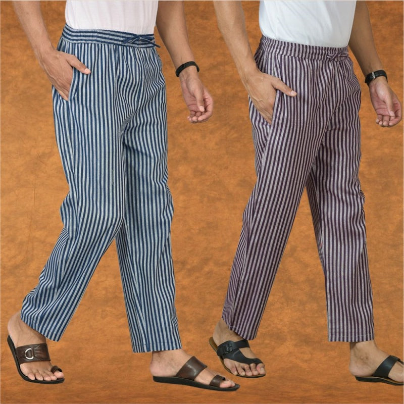 Combo of 2 Men Blue Purple Cotton Handloom Stripe Pant-15103