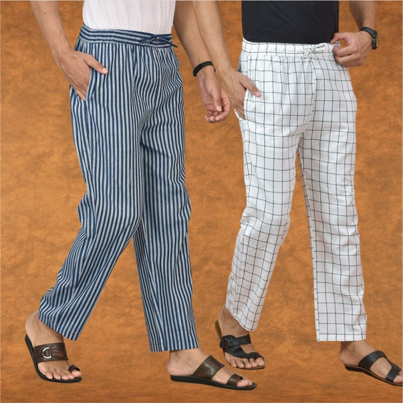 Combo of 2 Men Blue Black Cotton Handloom Stripe Pant-15098