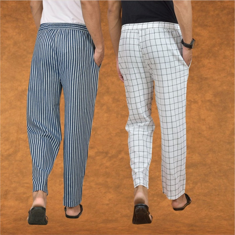 Combo of 2 Men Blue Black Cotton Handloom Stripe Pant-15098