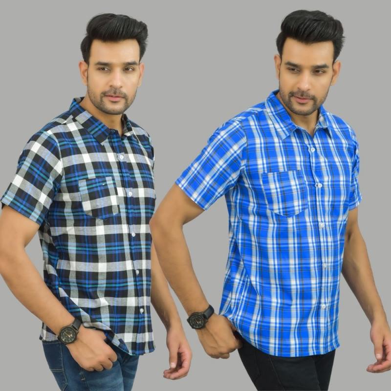 Combo of 2 Men Cotton Checks Shirts Blue and Blue-25479