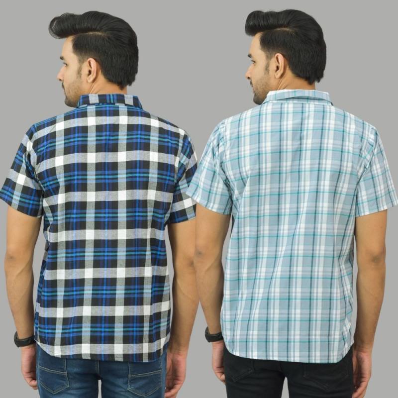 Combo of 2 Men Cotton Checks Shirts Gray and Blue-25494