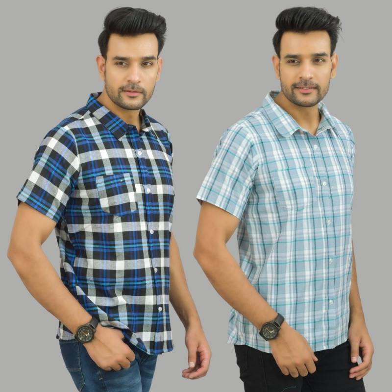 Combo of 2 Men Cotton Checks Shirts Gray and Blue-25494