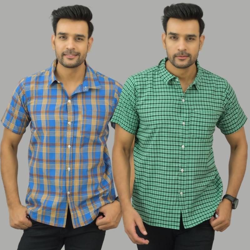 Combo of 2 Men Cotton Checks Shirts Green and Blue-25536