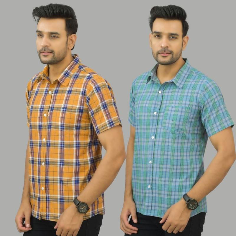 Combo of 2 Men Cotton Checks Shirts Mustard and Green-25553