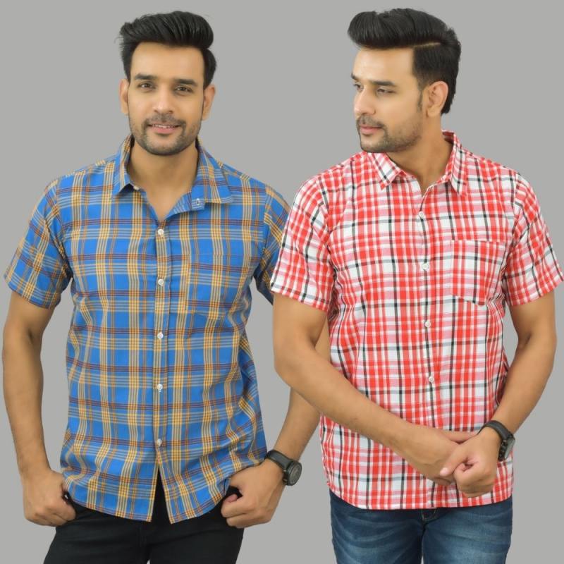 Combo of 2 Men Cotton Checks Shirts Pink and Blue-25539