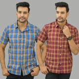 Combo of 2 Men Cotton Checks Shirts Red and Blue-25541