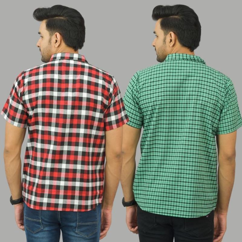 Combo of 2 Men Cotton Checks Shirts Red and Green