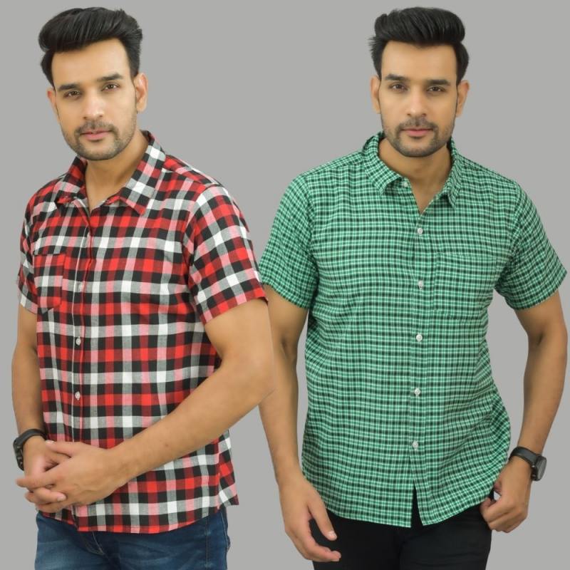 Combo of 2 Men Cotton Checks Shirts Red and Green