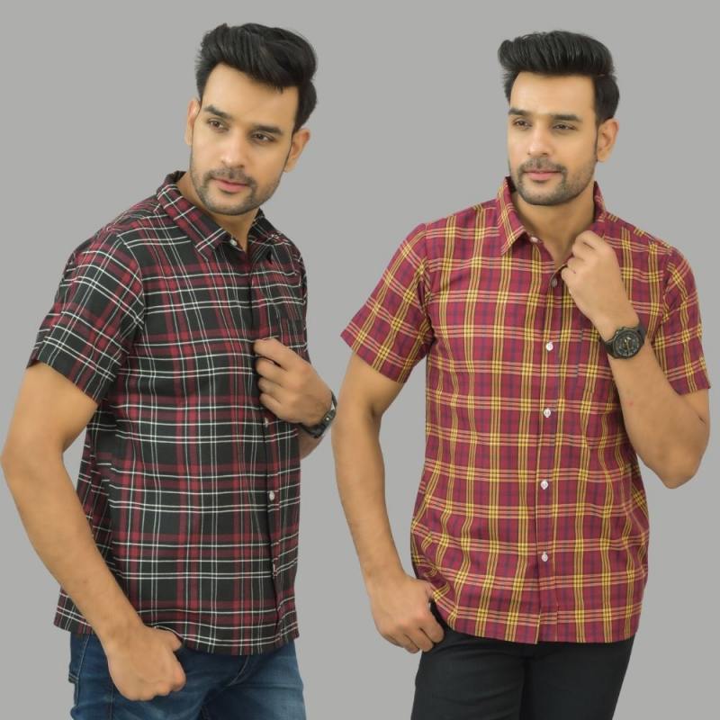 Combo of 2 Men Cotton Checks Shirts Red and Maroon