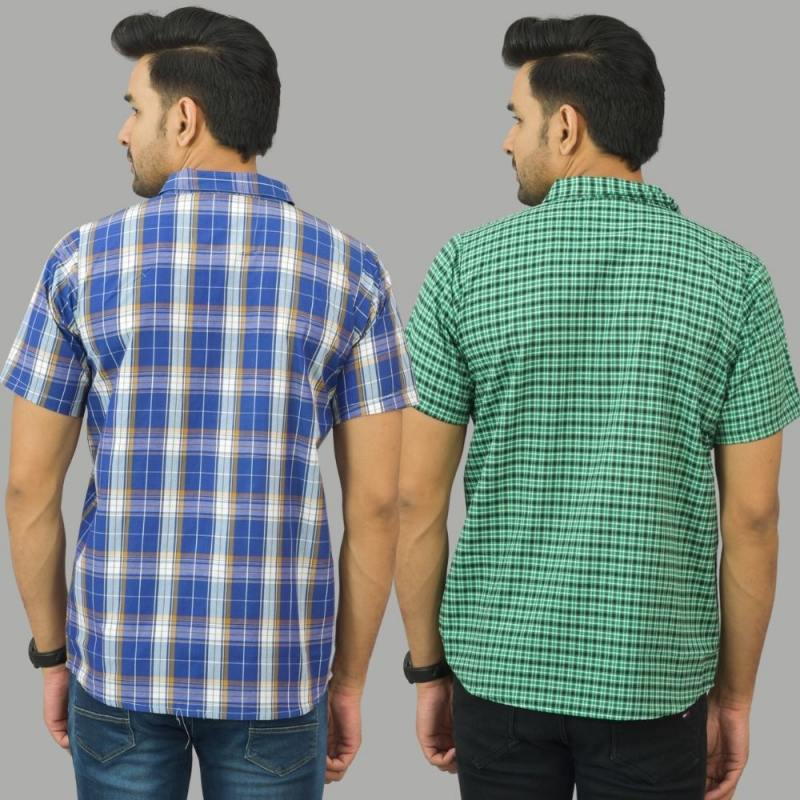 Combo of 2 Men Cotton Checks Shirts Royal Blue and Green