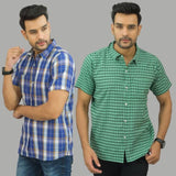 Combo of 2 Men Cotton Checks Shirts Royal Blue and Green