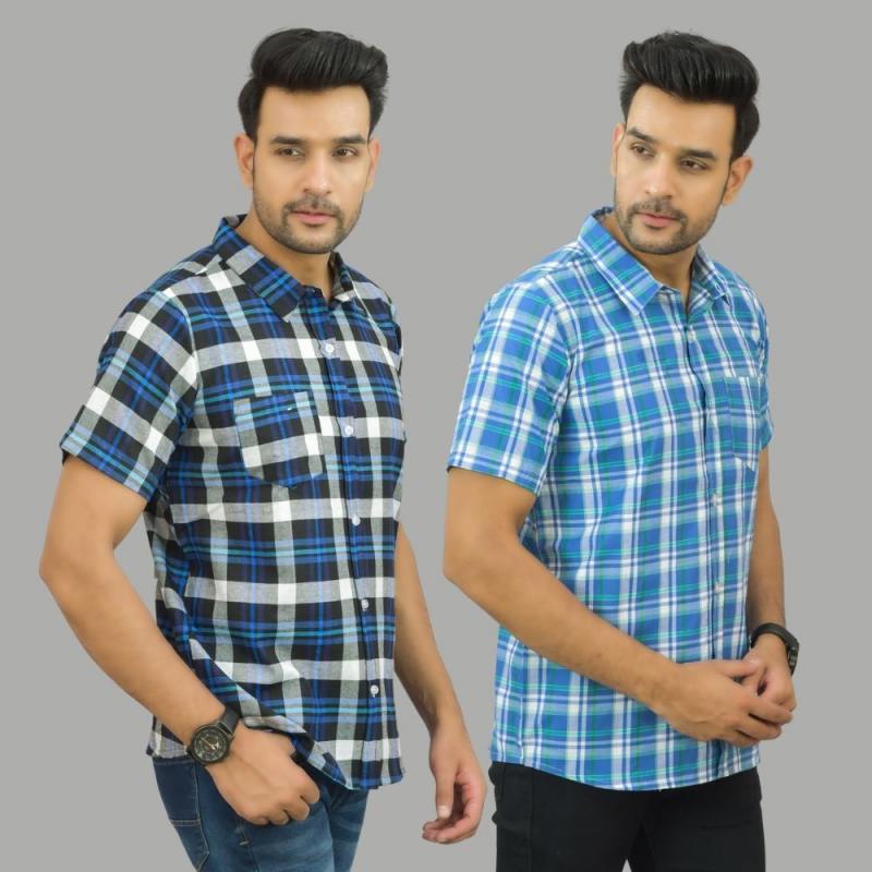 Combo of 2 Men Cotton Checks Shirts Sky Blue and Blue