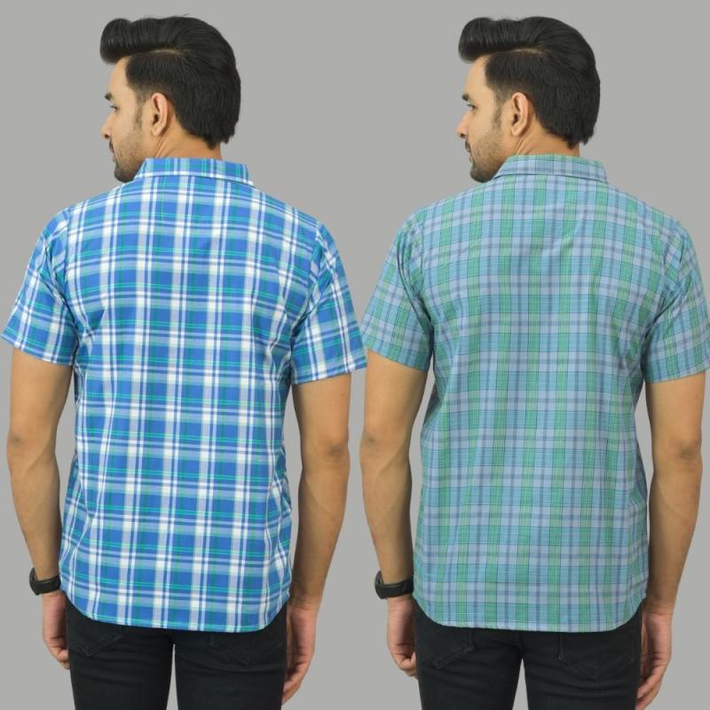 Combo of 2 Men Cotton Checks Shirts Sky Blue and Green