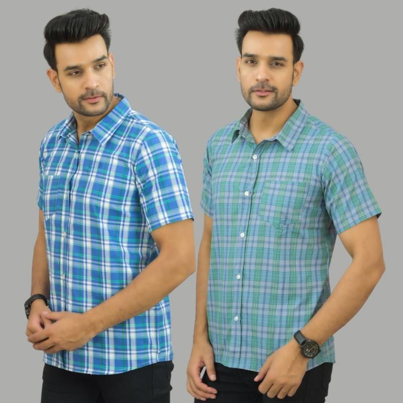 Combo of 2 Men Cotton Checks Shirts Sky Blue and Green