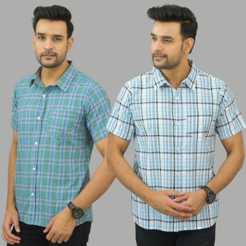 Combo of 2 Men Cotton Checks Shirts Sky Blue and Green