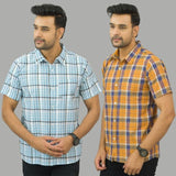 Combo of 2 Men Cotton Checks Shirts Sky Blue and Mustard