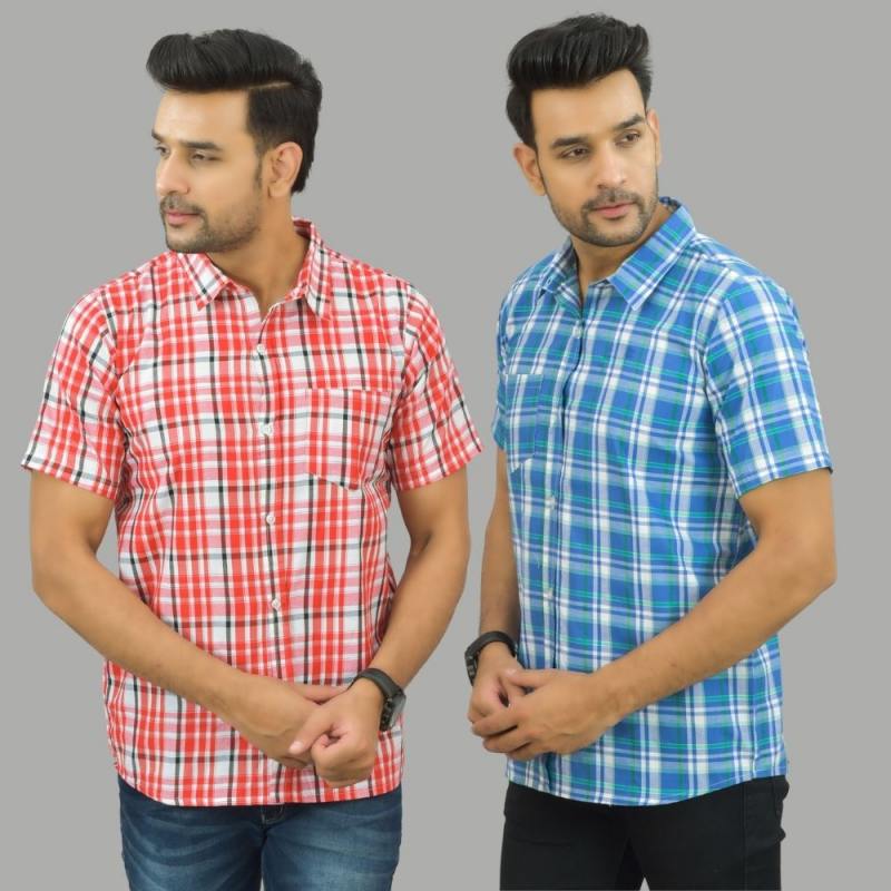 Combo of 2 Men Cotton Checks Shirts Sky Blue and Pink