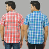 Combo of 2 Men Cotton Checks Shirts Sky Blue and Pink