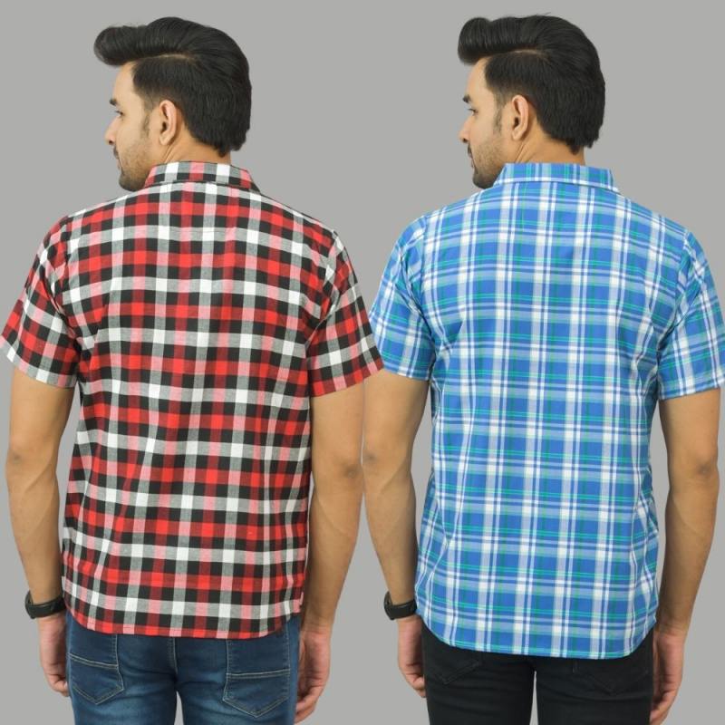 Combo of 2 Men Cotton Checks Shirts Sky Blue and Red