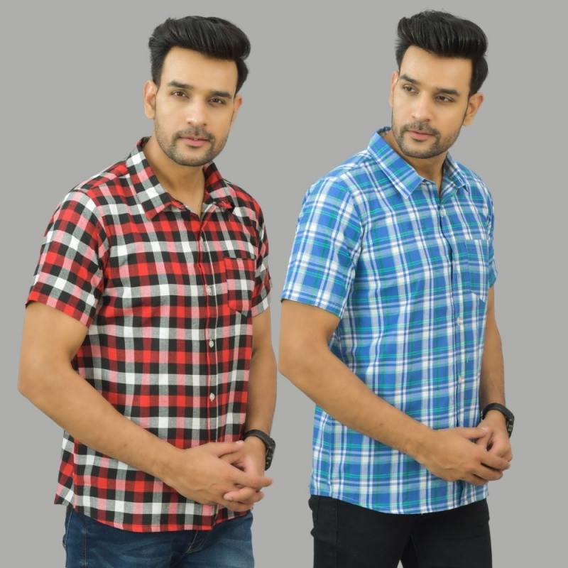 Combo of 2 Men Cotton Checks Shirts Sky Blue and Red