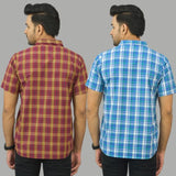 Combo of 2 Men Cotton Checks Shirts Sky Blue and Red