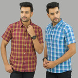 Combo of 2 Men Cotton Checks Shirts Sky Blue and Red