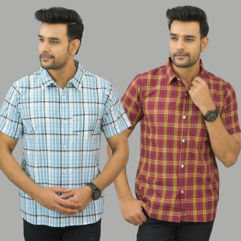 Combo of 2 Men Cotton Checks Shirts Sky Blue and Red