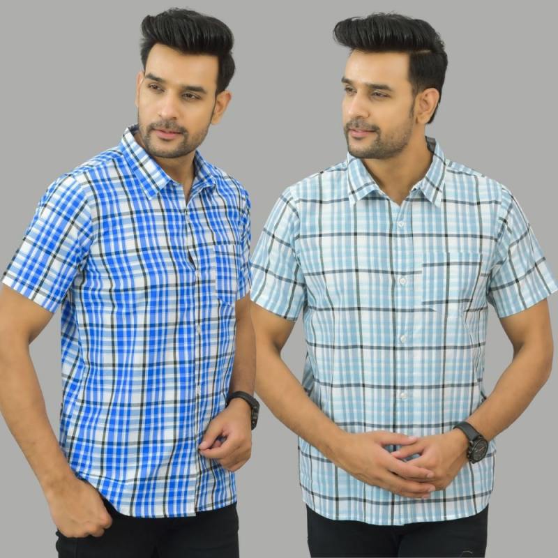 Combo of 2 Men Cotton Checks Shirts Sky Blue and White