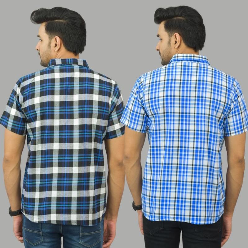 Combo of 2 Men Cotton Checks Shirts White and Blue