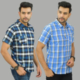 Combo of 2 Men Cotton Checks Shirts White and Blue