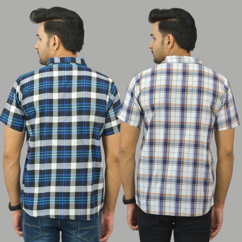 Combo of 2 Men Cotton Checks Shirts White and Blue