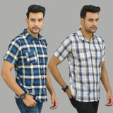 Combo of 2 Men Cotton Checks Shirts White and Blue