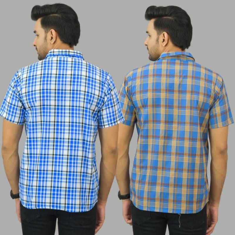 Combo of 2 Men Cotton Checks Shirts White and Blue